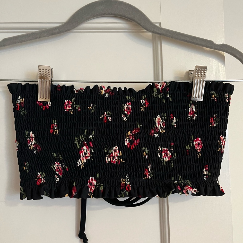 Black with red flowers Bathing suit top with lace up back Extra small